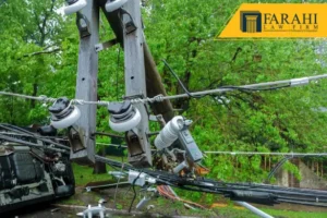 Poste de energía derribado y vehículo averiado