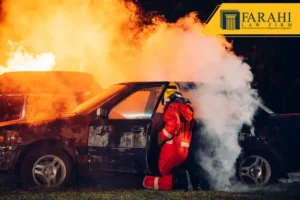 Bombero responde a un auto en llamas por la noche